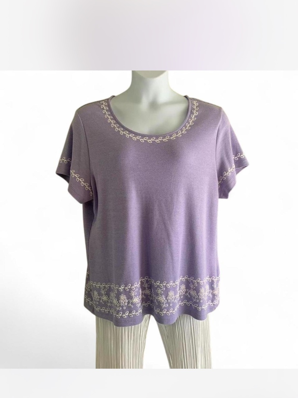 Cottagecore Karen Scott Lavender Short-Sleeve Embroidered Top size 2X